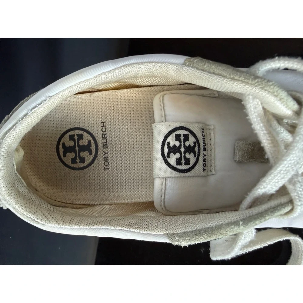 Tory Burch Tory Sneaker White‎ Sage Green Suede Nylon Low Top Trainers Gum Sole